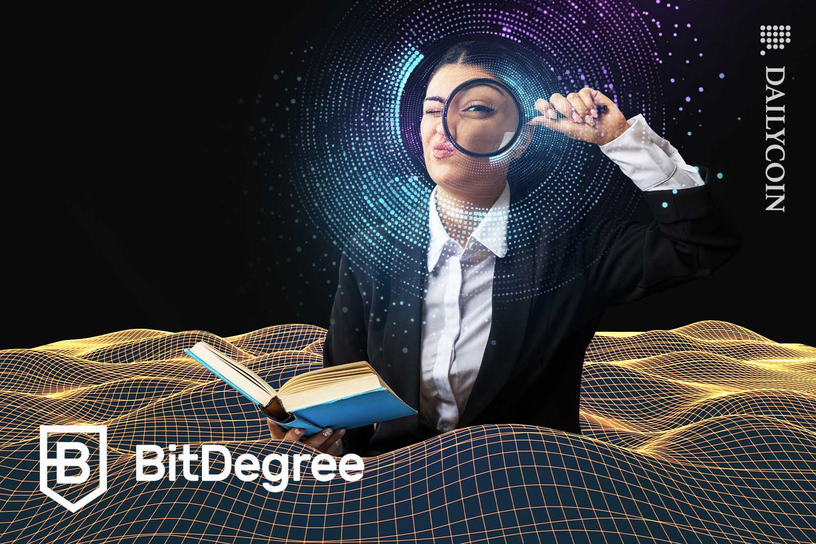 Teacher emerging from a digital sea with a book and a magnifying glass in her hand.