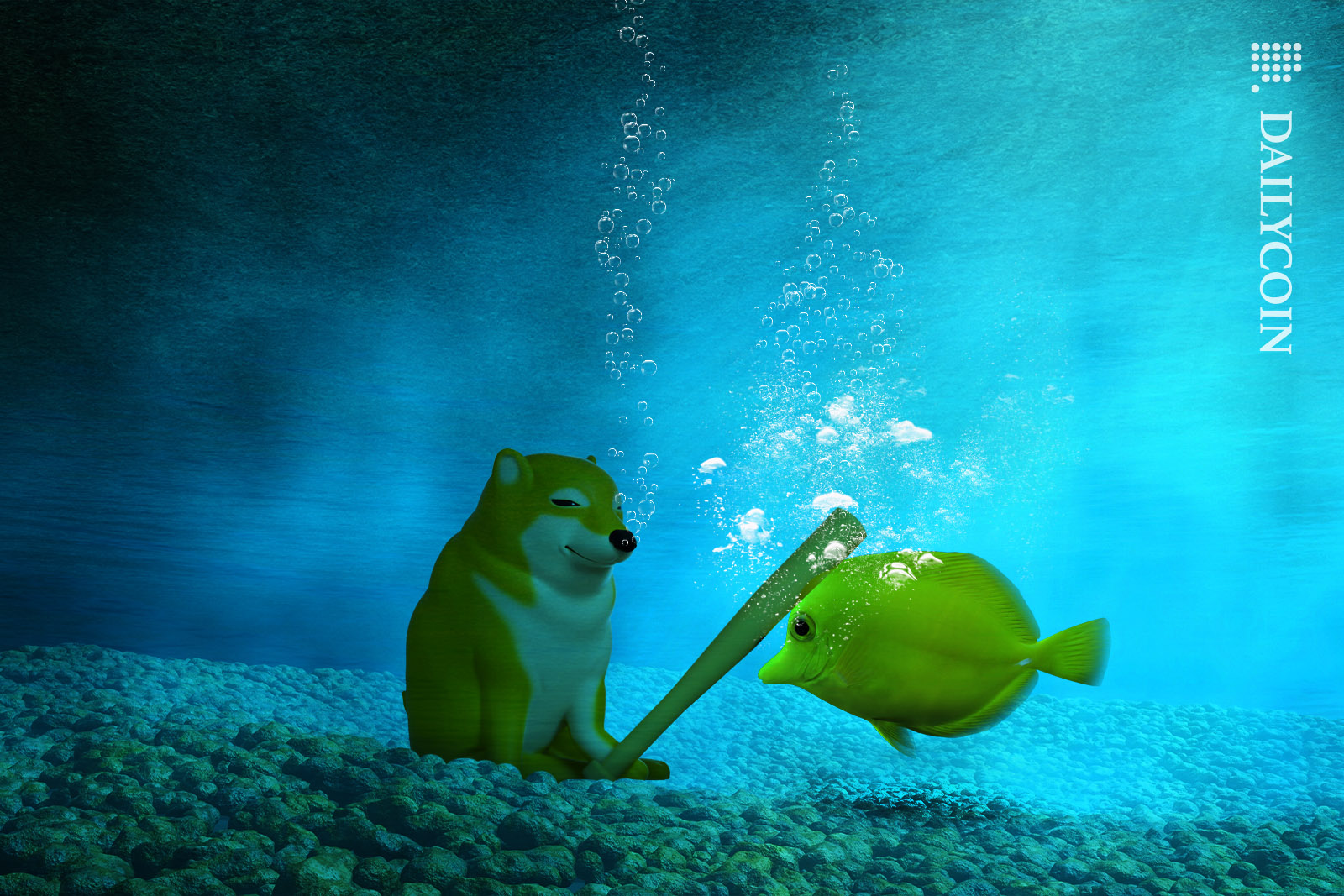 BONK dog sitting in the bottom of the sea, hitting a fish on the head.