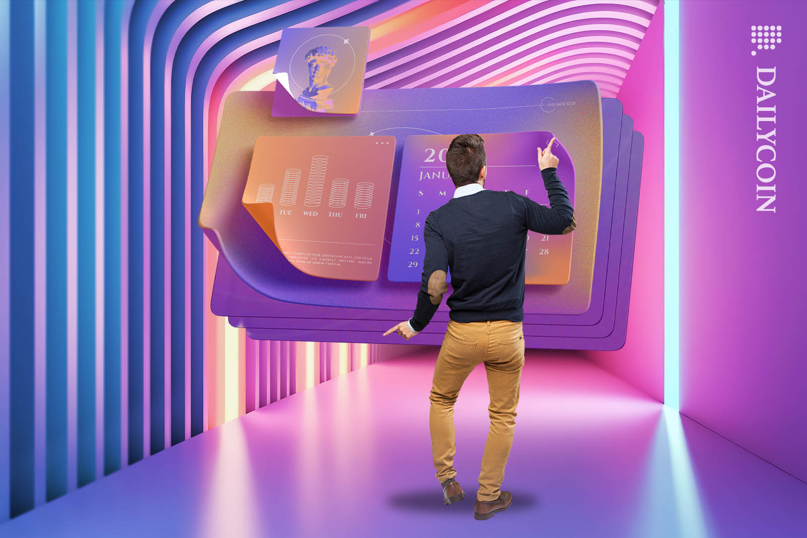 Man looking throuh his calendar in a colourful room.