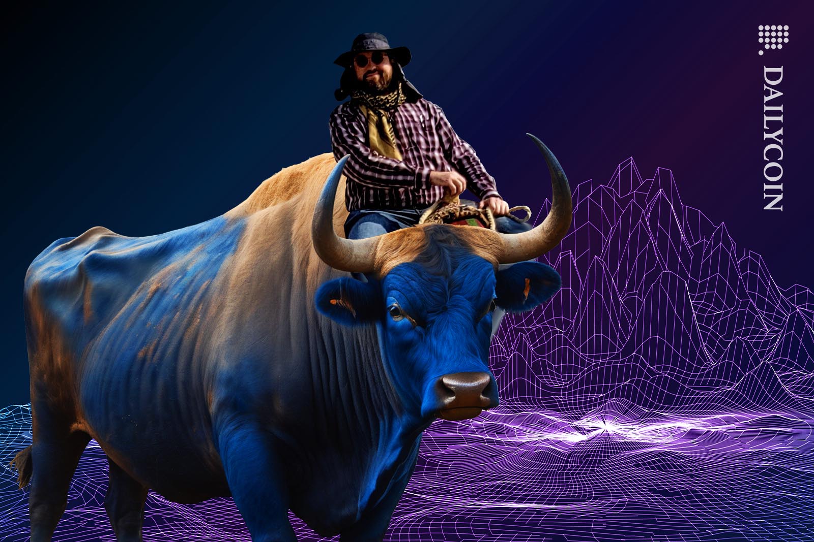 Cardano Charles Hoskinson riding a huge blue bull.