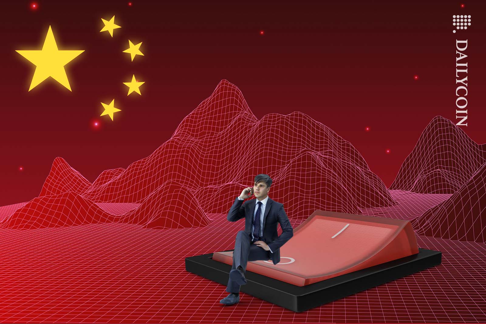 Man on the phone, sitting on a huge kill switch in a digital Chinese environment.