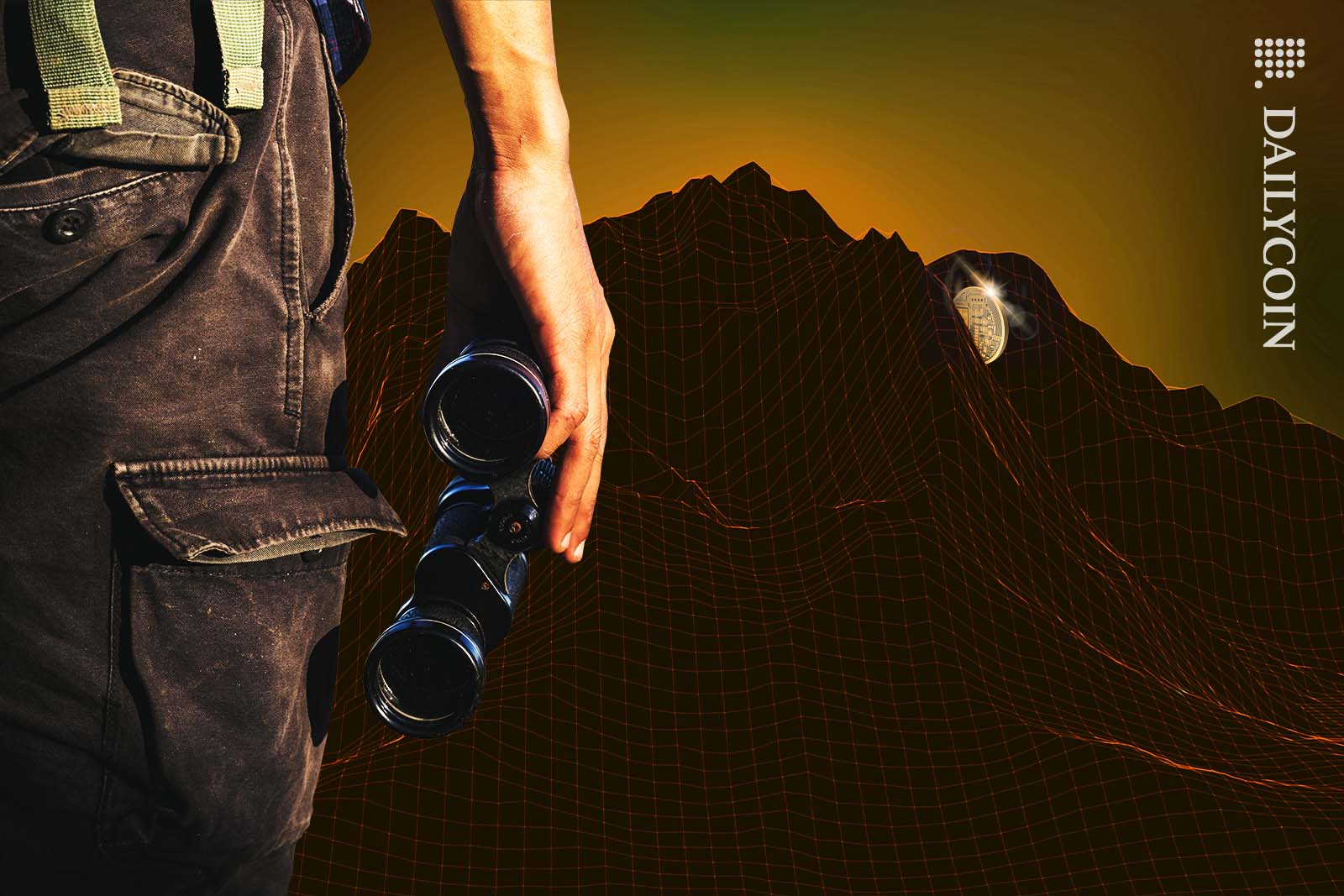 Man with binoculars in hand staring into the distance in a digital landscape.