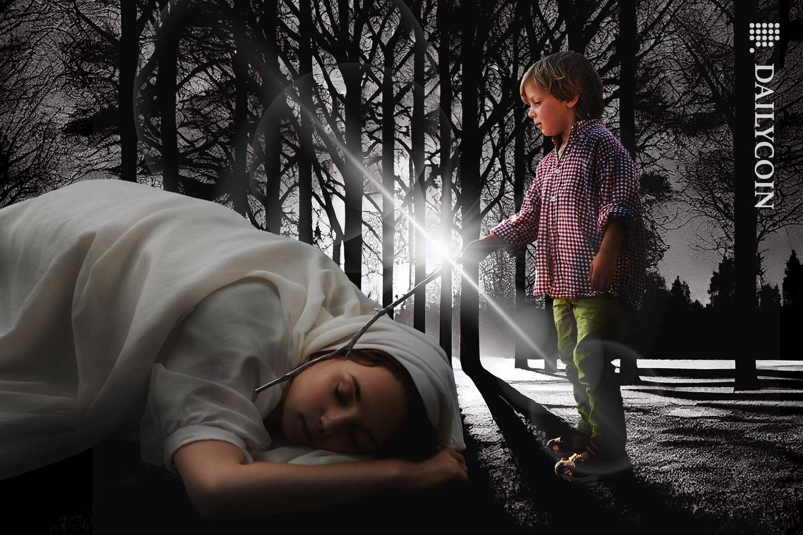 A boy poking a seemingly dead woman with a stick.