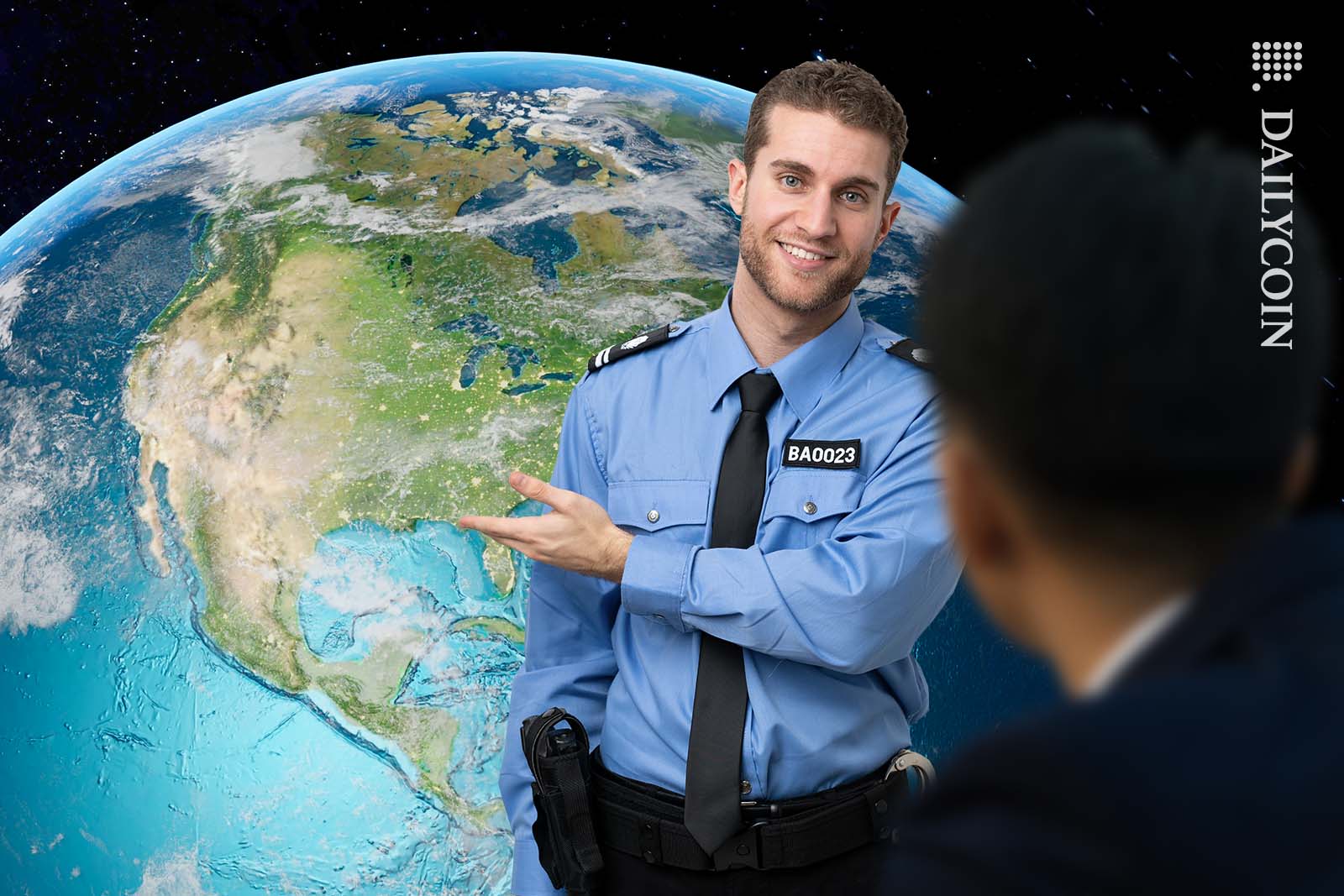 Police man pointing at the USA with Do Kwon in the foreground.