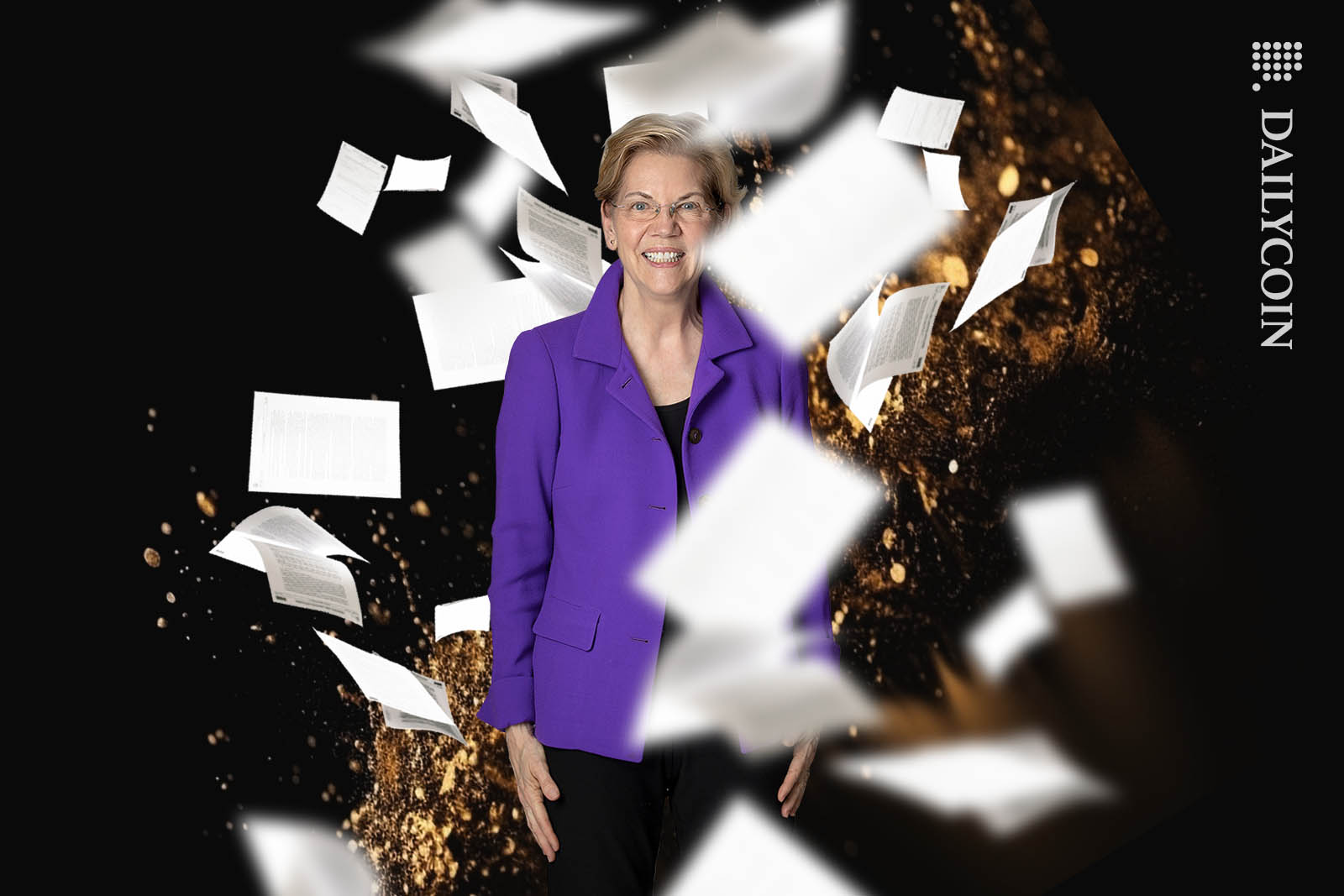 Elizabeth Warren standing in a document shower.