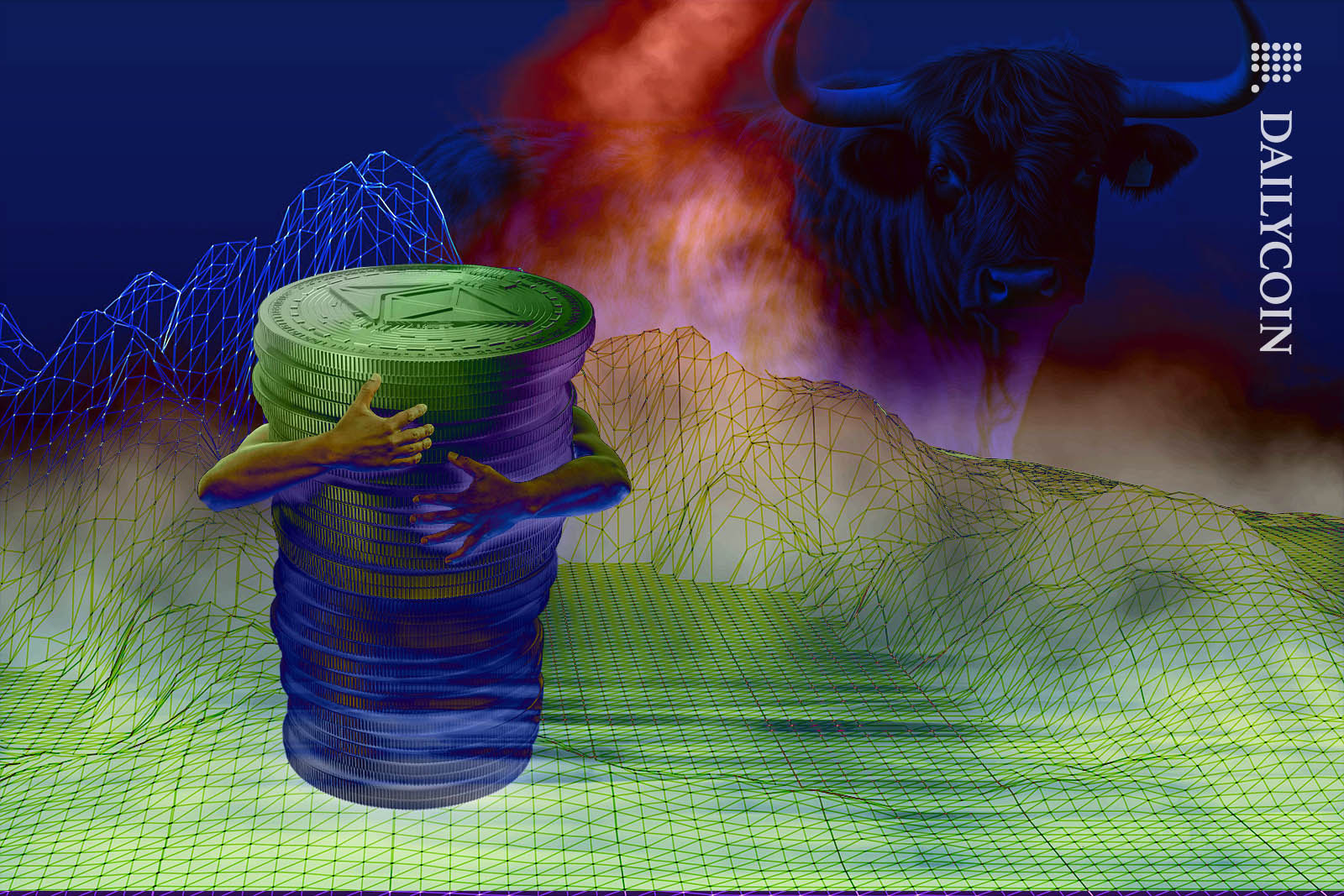 Hands holding onto a stack of Ethereum coins as a bull watches on.