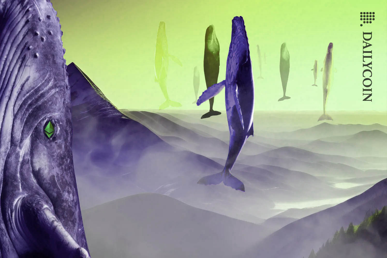 Ethereum whales hanging in the air in a montain range.
