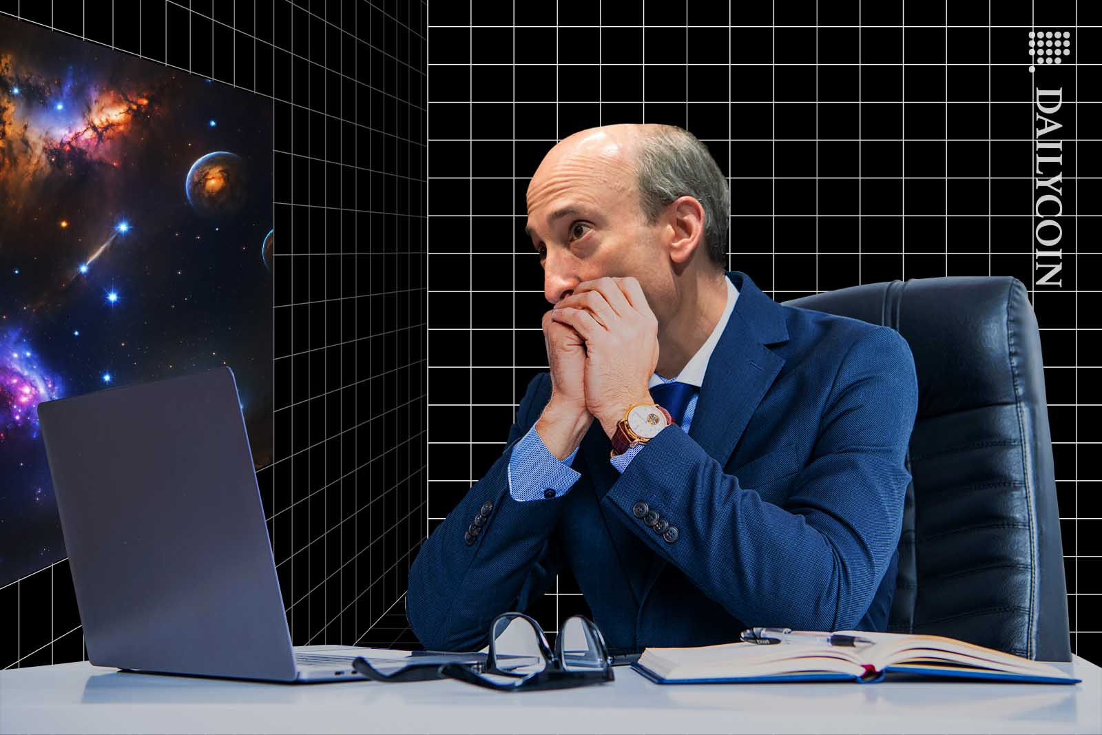 Gary Gensler looking out of his office window, thinking hard.