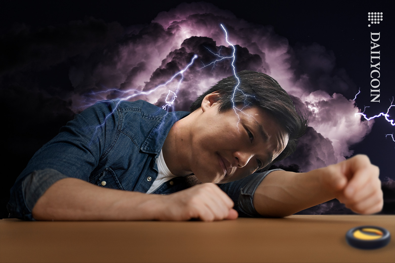 Do Kwon depressed, really sad, with a storm cloud above him, staring at a LUNC coin