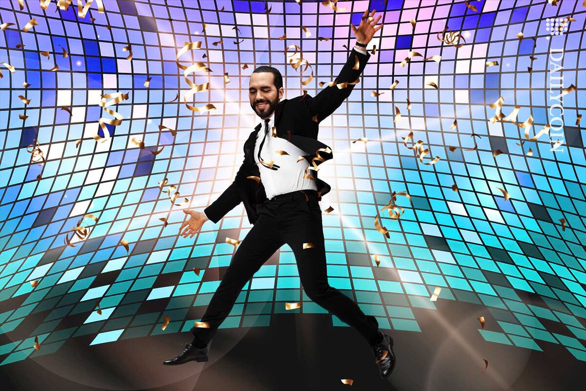 Nayib Bukele dancing on a dance floor appears to be very happy about El Salvador's Bitcoin holdings.