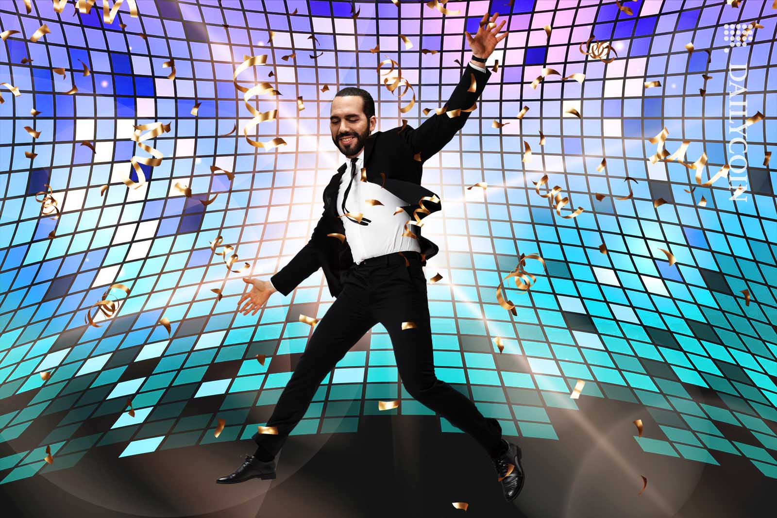 Nayib Bukele dancing on a dance floor appears to be very happy about El Salvador's Bitcoin holdings.