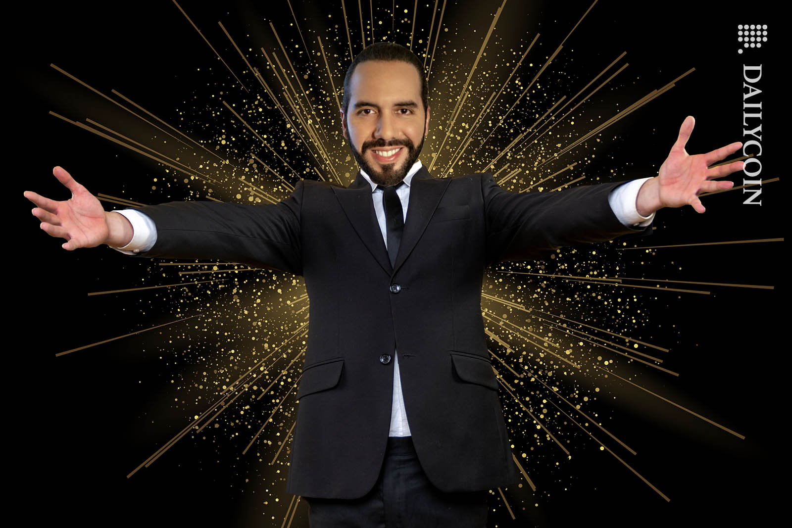 Nayib Bukele smiling in an arms out welcoming pose.