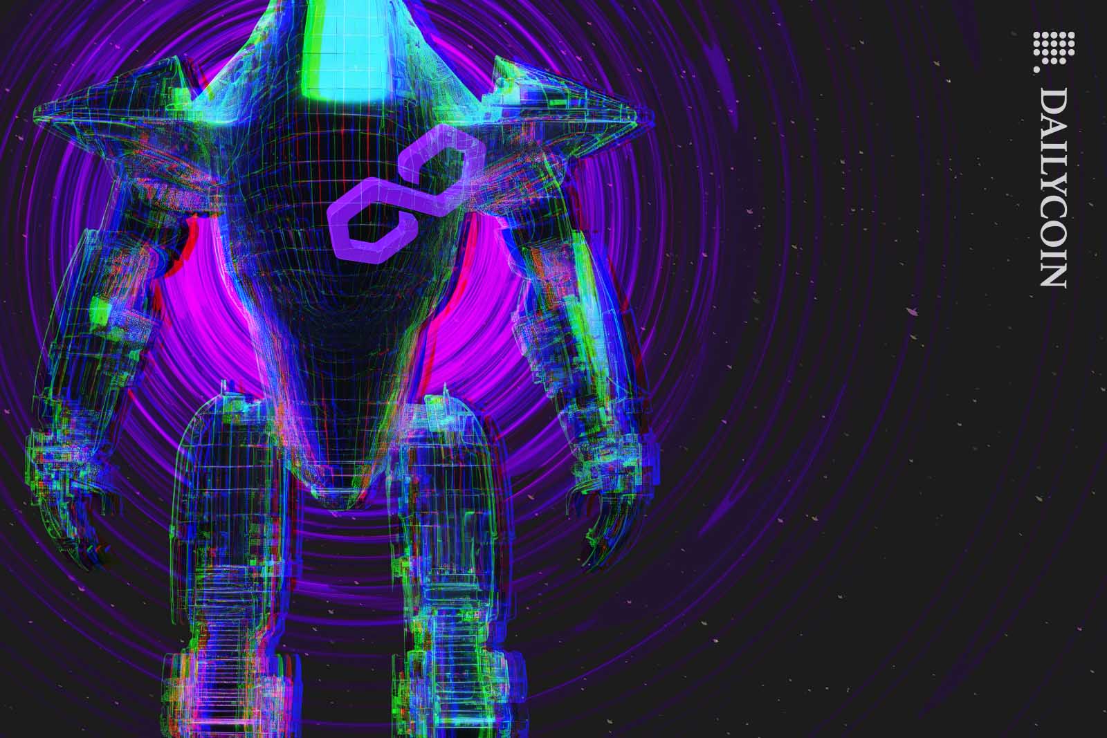 Digital Polygon robot being charged by energy waves.