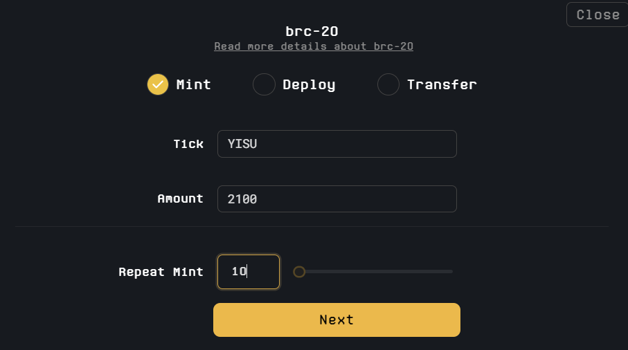 BRC-20 token mint unisat.