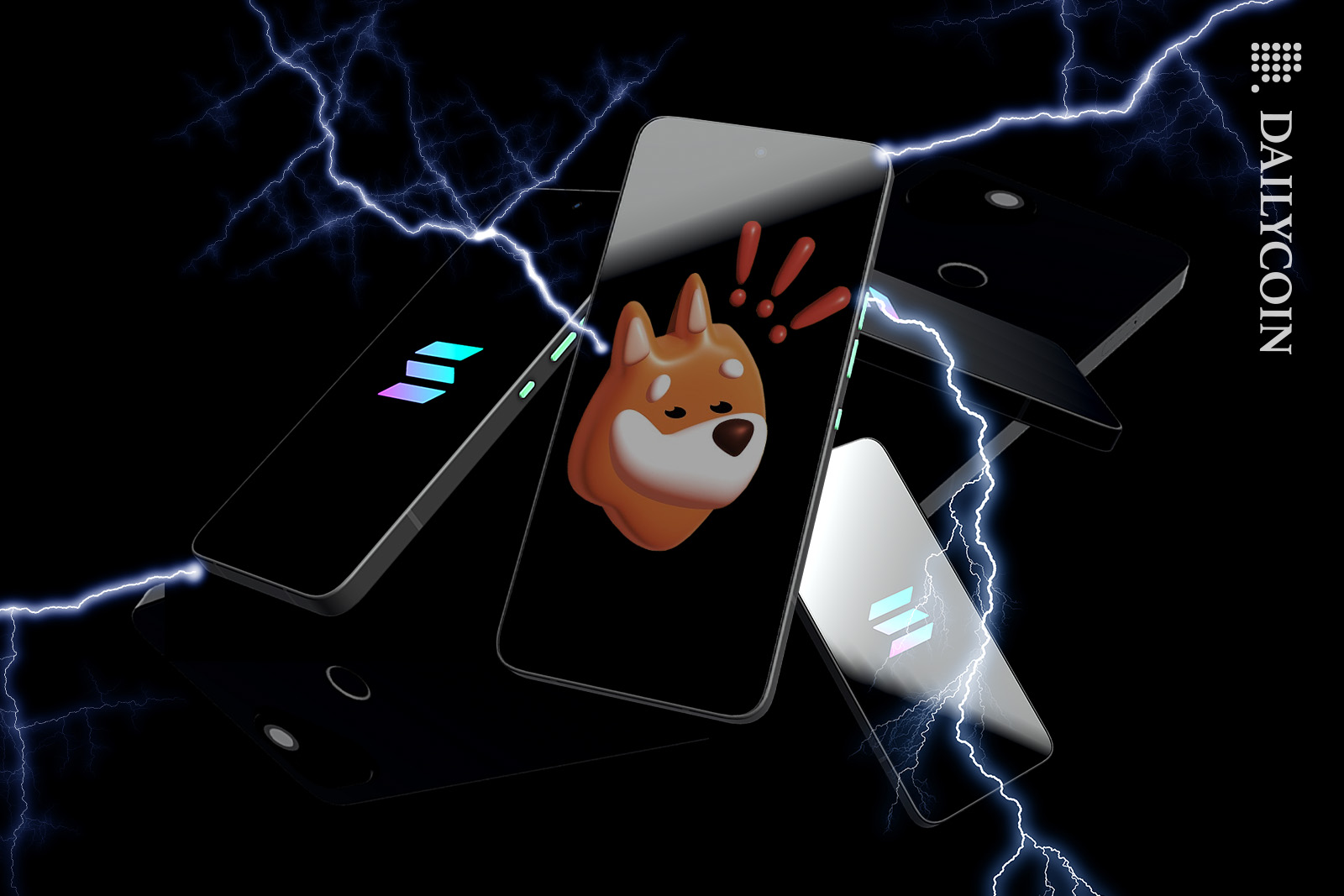 Bunch of Solana Saga phones floating in the air with a BONK logo on the screen on one of them.