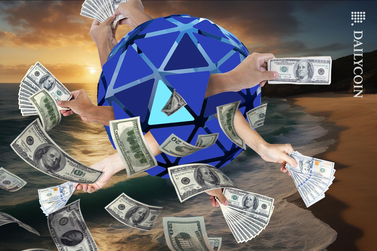 A blue sphere floating above te sea, handing out money.