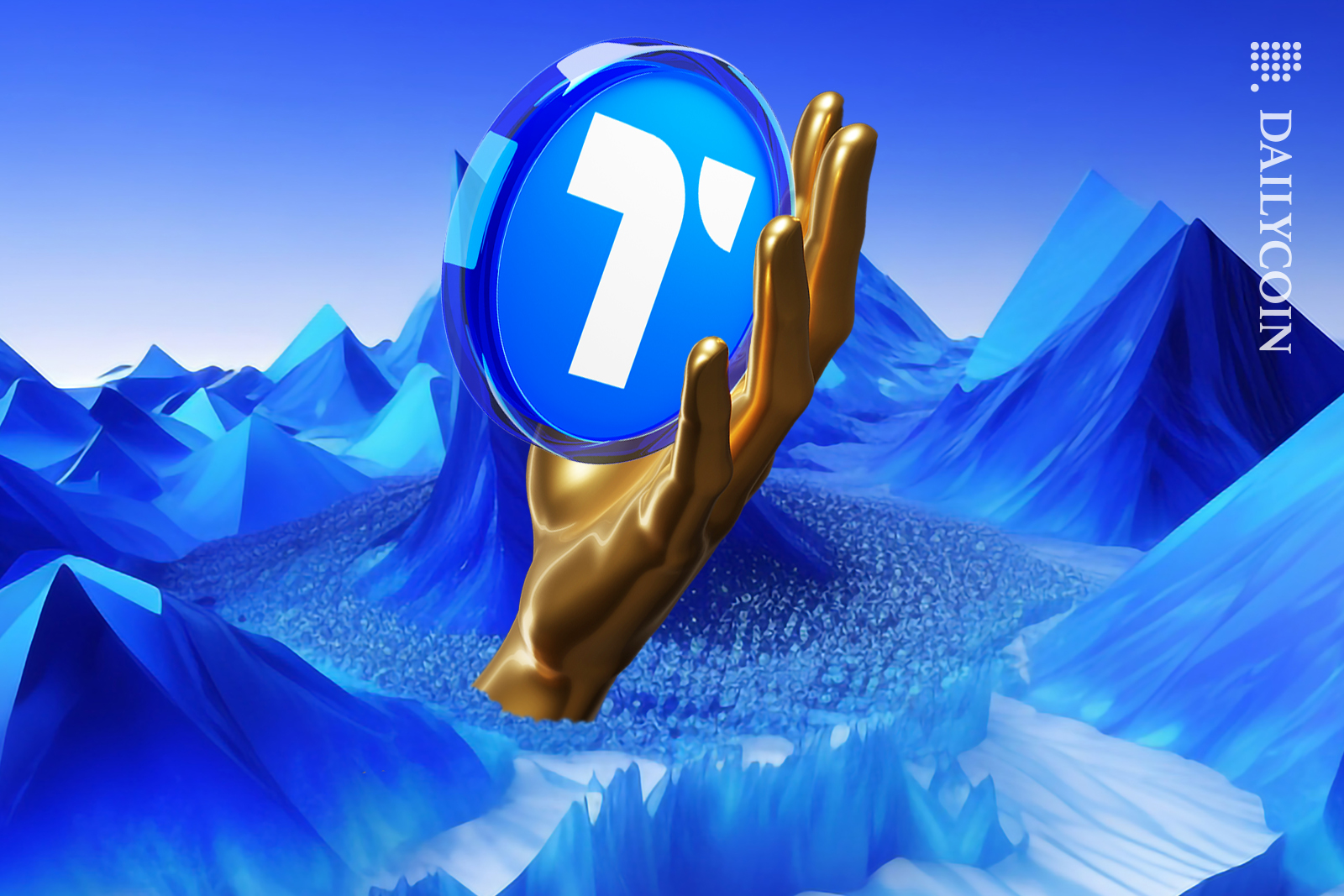 Gold hand holding a TrueUSD coin in a digital space.