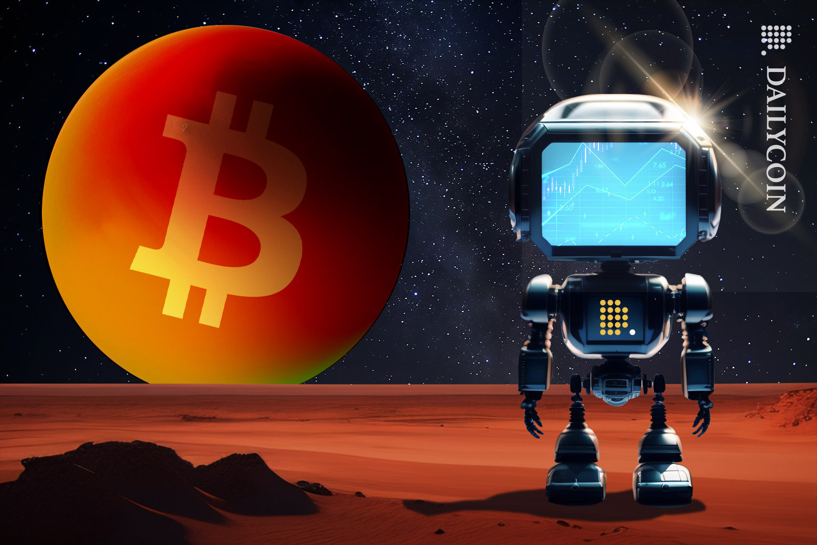 A small space robot with Ciphera logo on his chest looking at a tiny planet with the Bitcoin Logo on it.