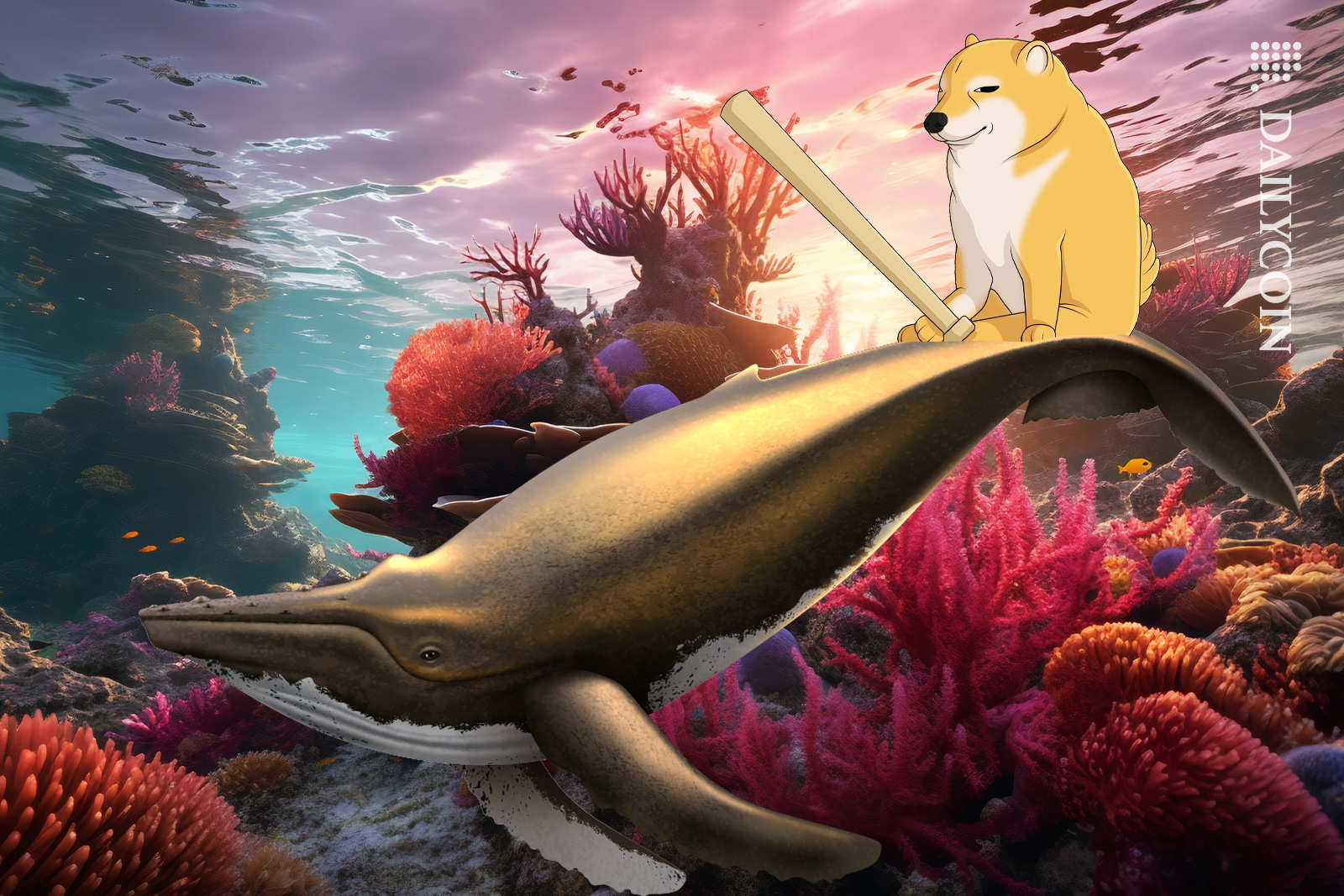Gold whale swimming though tropical waters with a BONK on his back.