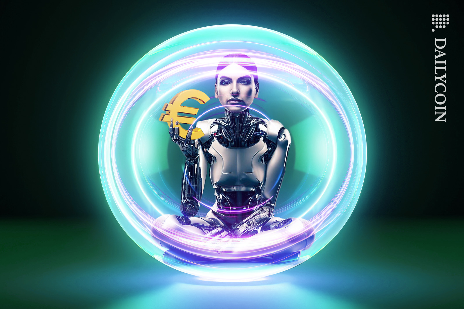 Woman robot holding a euro currency in a digital Circle.
