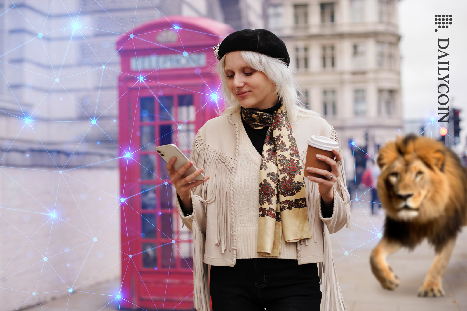 woman using her phone for digital money crypto.com mascot Lion right beside her.