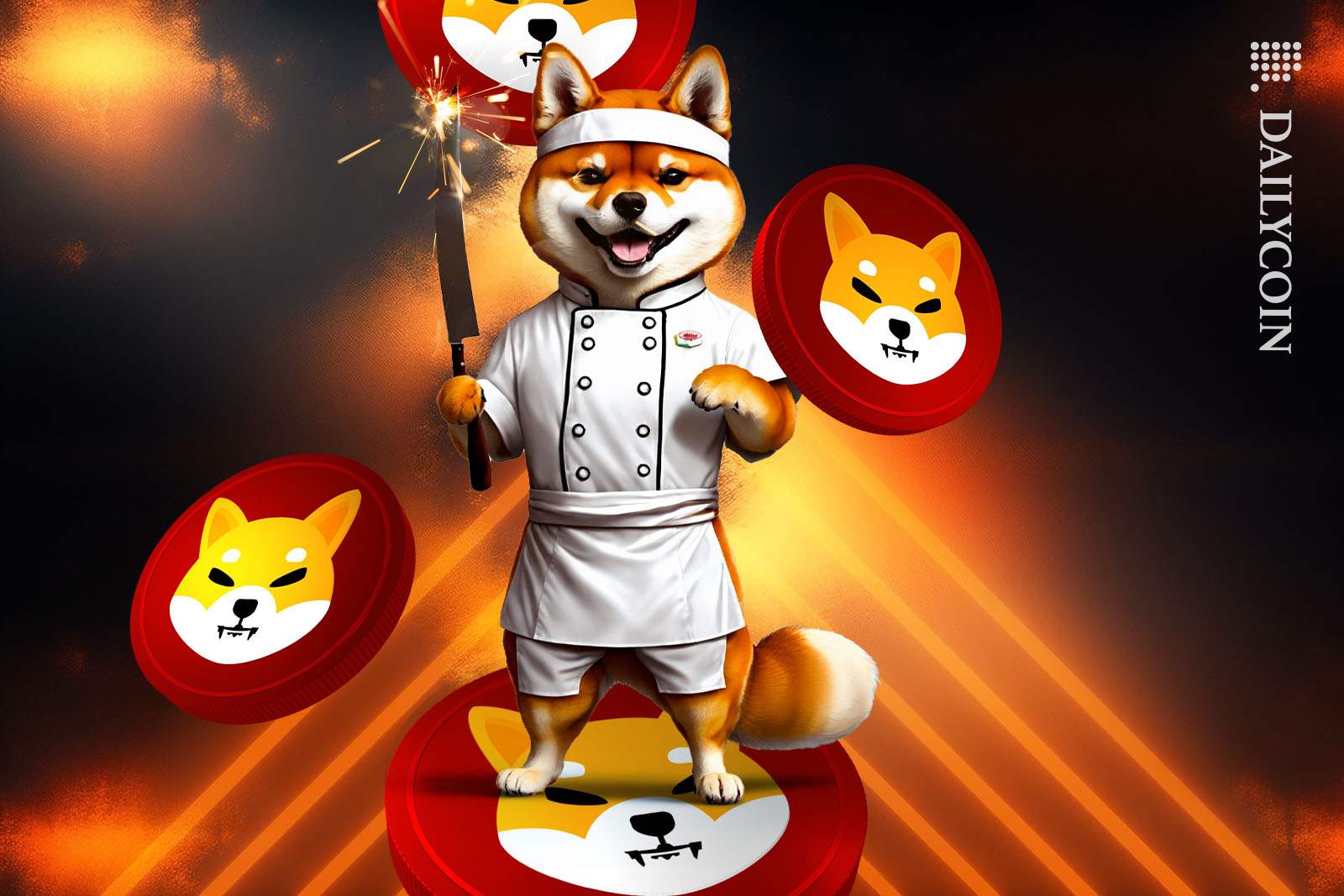 Shiba with chef outfit and a knife about to cut some coins.