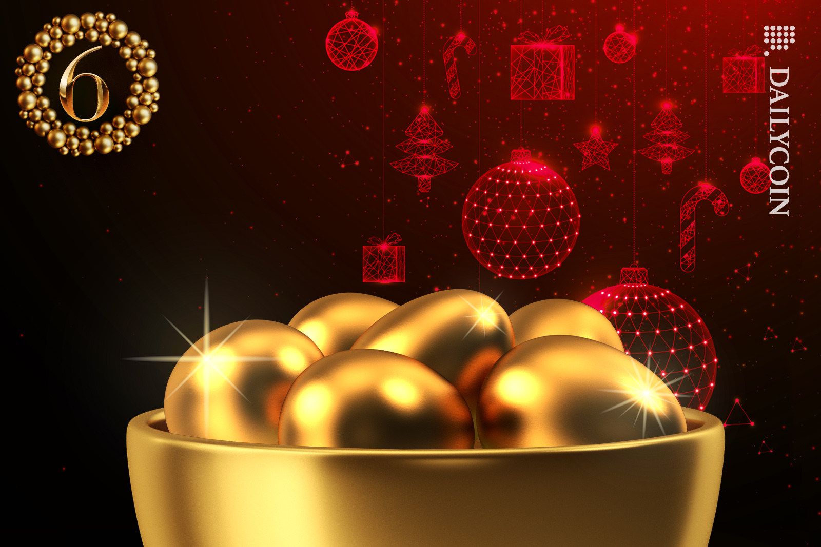 6 golden Christmas eggs.