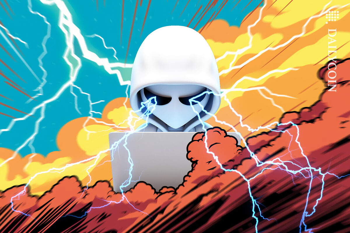Hacker in the thunder clouds wirh lots of power.