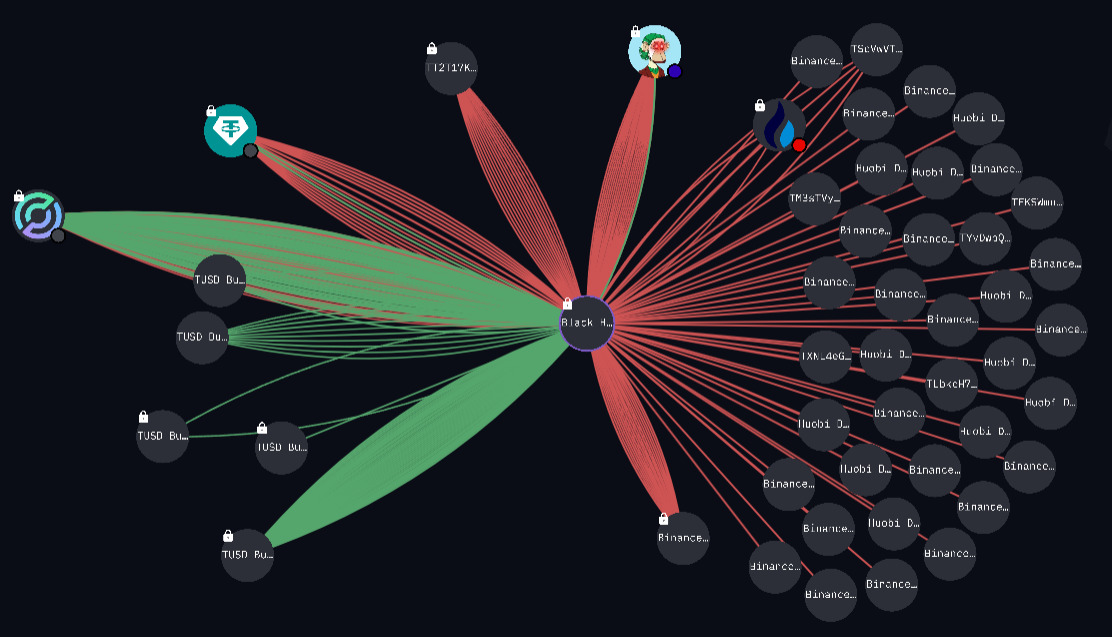 Map displaying how Circle and TUSD Burn Wallets have generated the main inflows in stablecoin deposits (above $10M each) to the Black Hole wallet since January 2023.