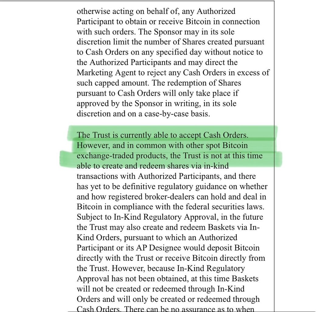 Extract from Grayscale’s filing on the decision to accept the ‘Cash only’ requirement.