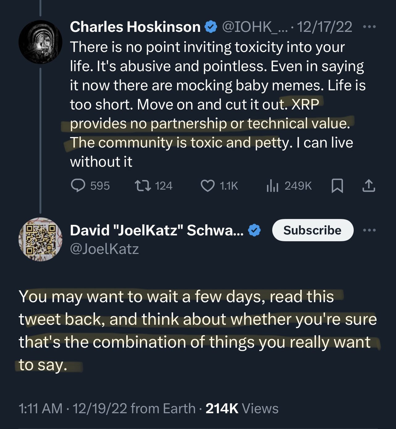 Screenshot of Charles Hoskinson's opinion on XRP From December 2022.