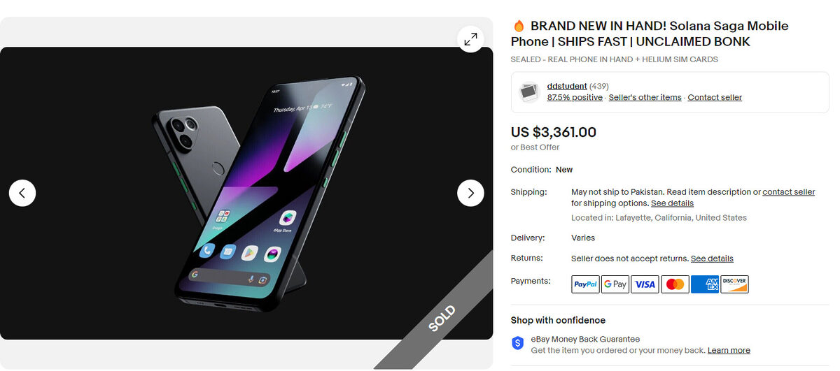 Screenshot of Solana Saga Phone Ebay Listing.