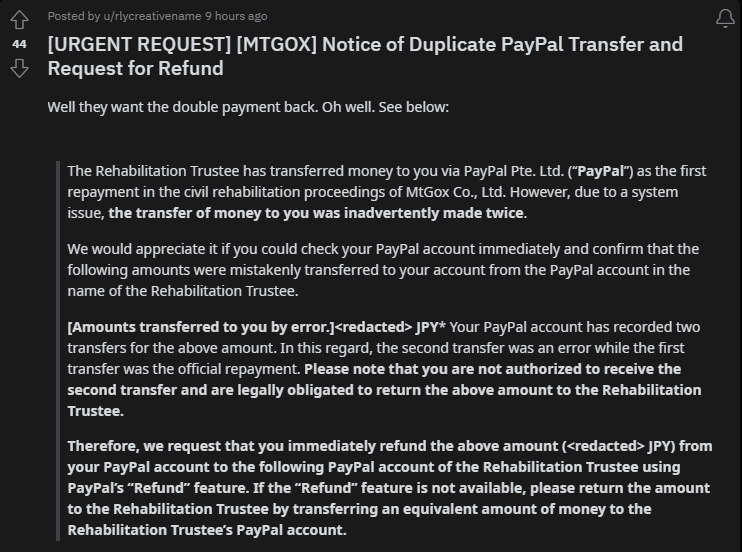 Reddit post with the alleged email from Mt. Gox's Rehabilitation Trustee.