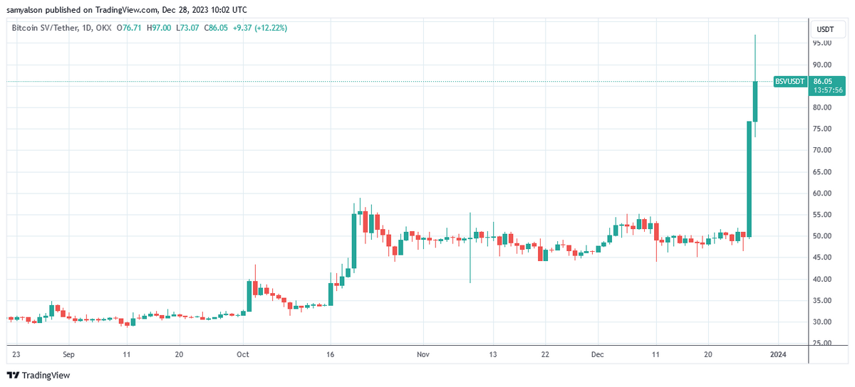 Bitcoin SV daily chart per Trading View, showing massive spike in BSV from December 27.