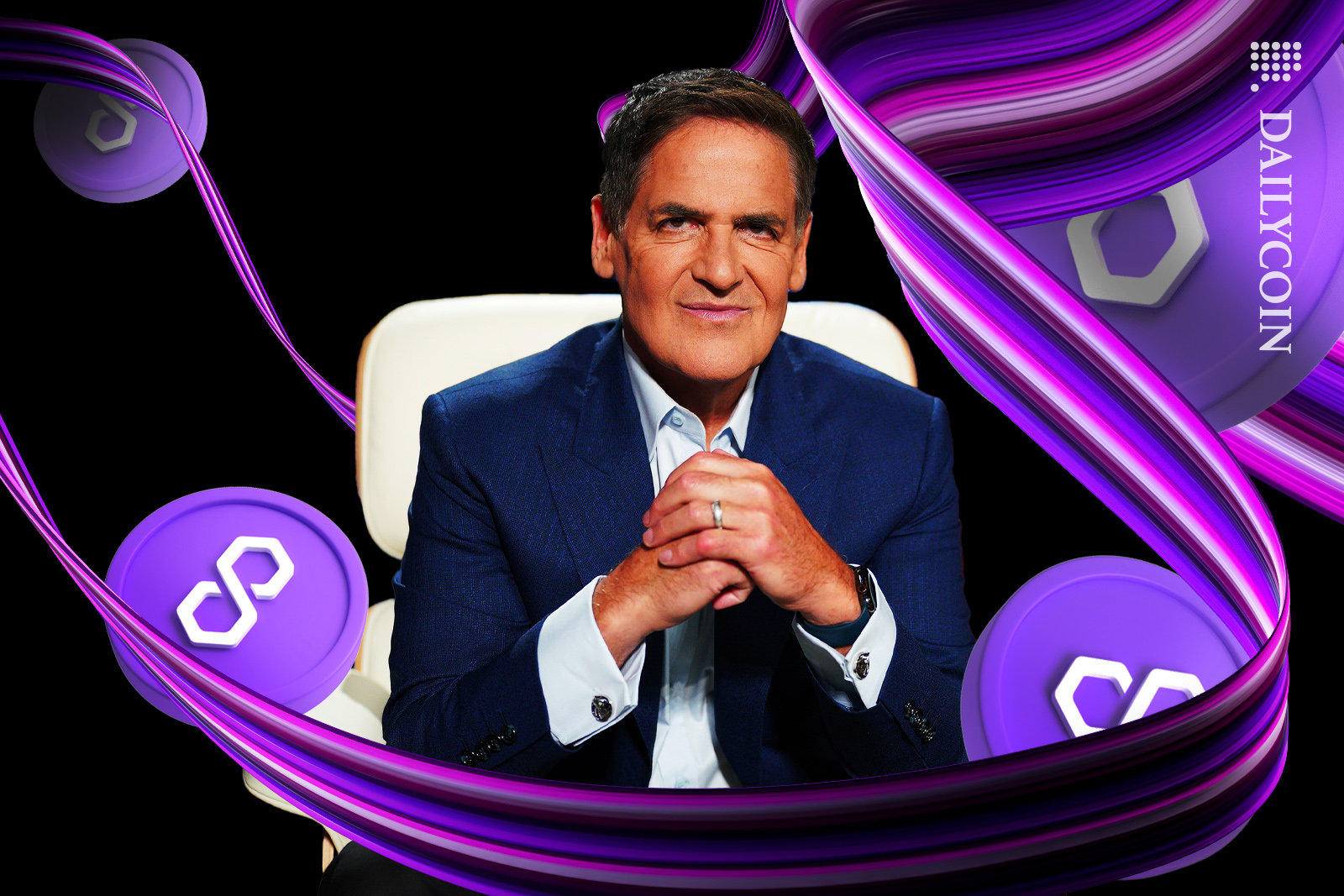 Mark Cuban surrounded by turning and twisting Polygon MATIC coins.