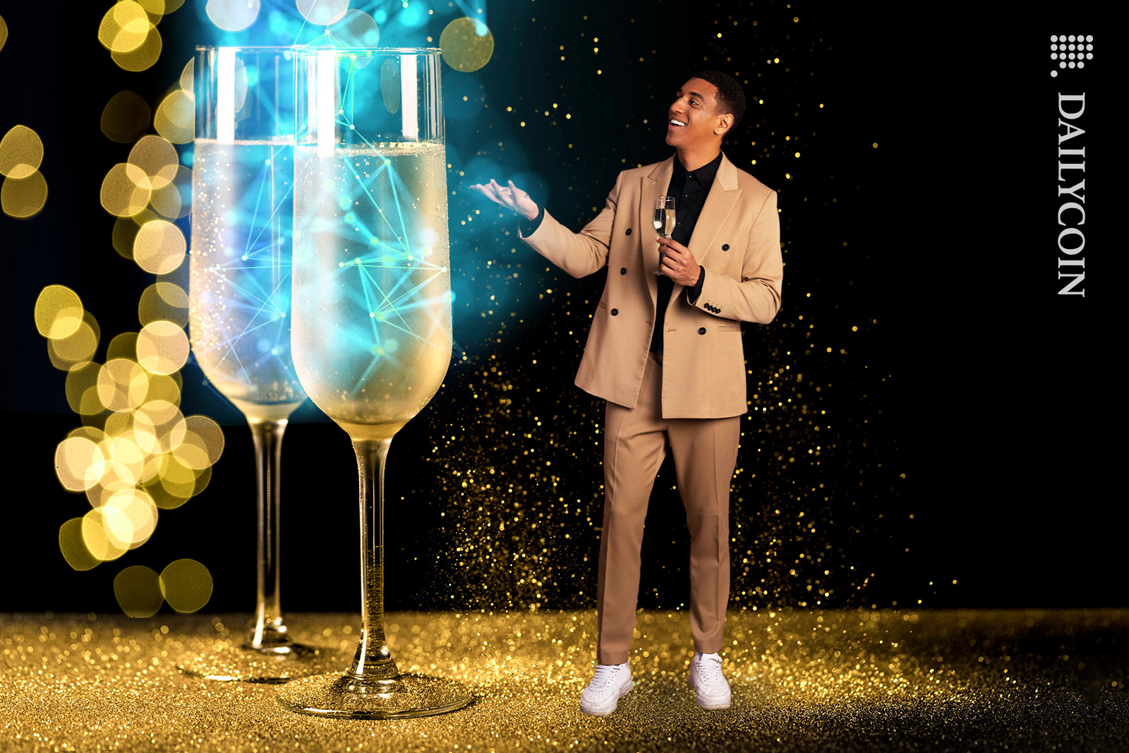 Man celebrating new years blockchain.