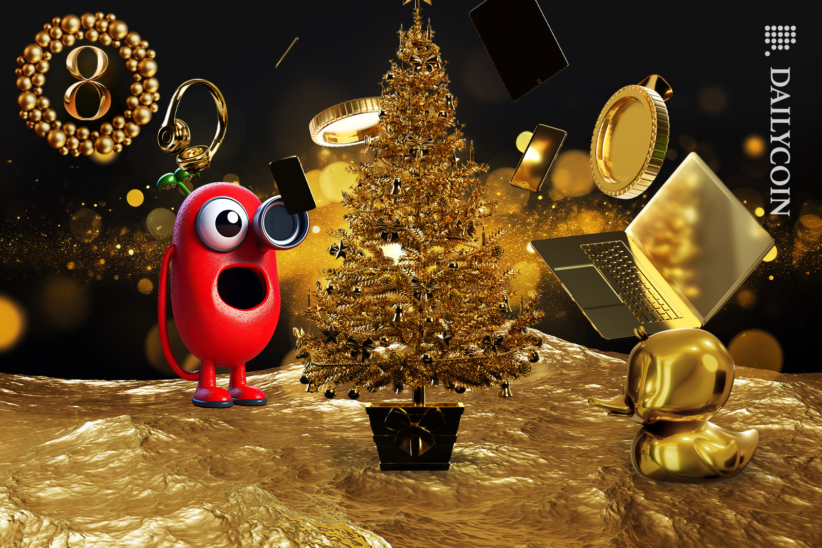 The gold Christmas tree is exploding with Crypto coins and gift, NFT's are impressed.