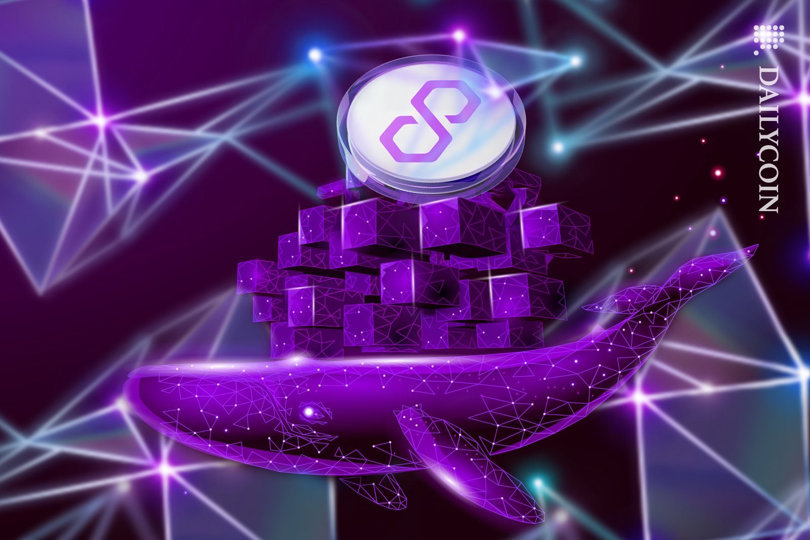 Digital whale carrying boxes of Polygon MATIC coins.