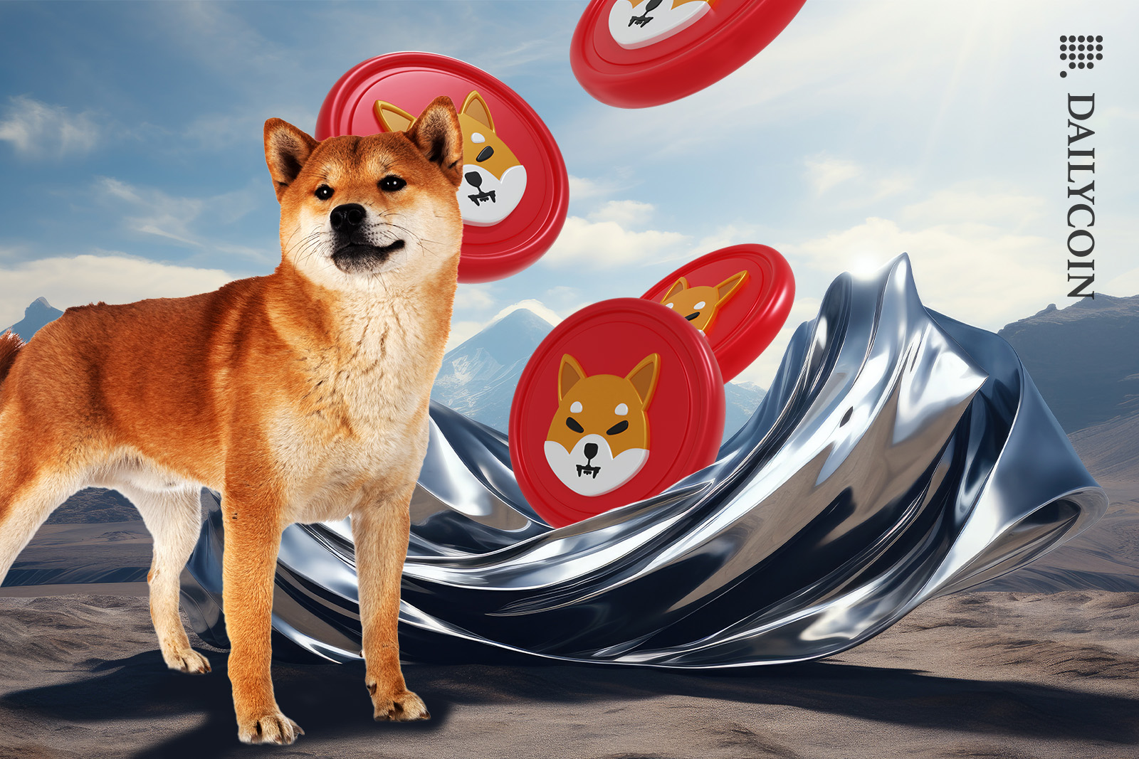 Shiba Inu with shib tokens on land flying.