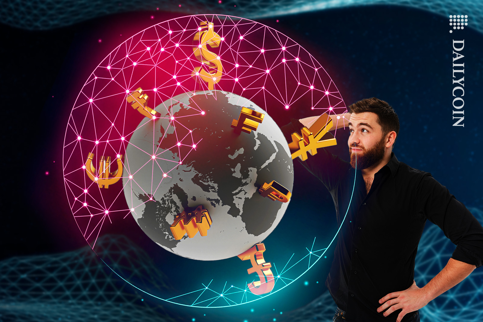 Man looking at different world stablecoin currencies, seeing a blockchain protection bubble on them.