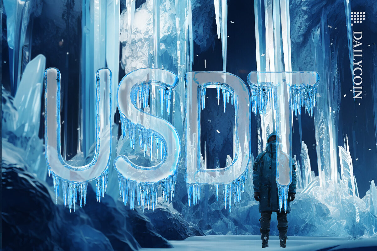 Man in an ice cave seeing frozen USDT.