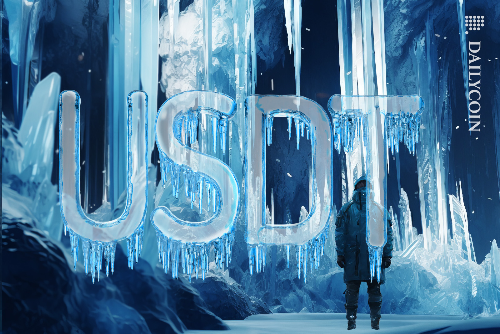 Man in an ice cave seeing frozen USDT.
