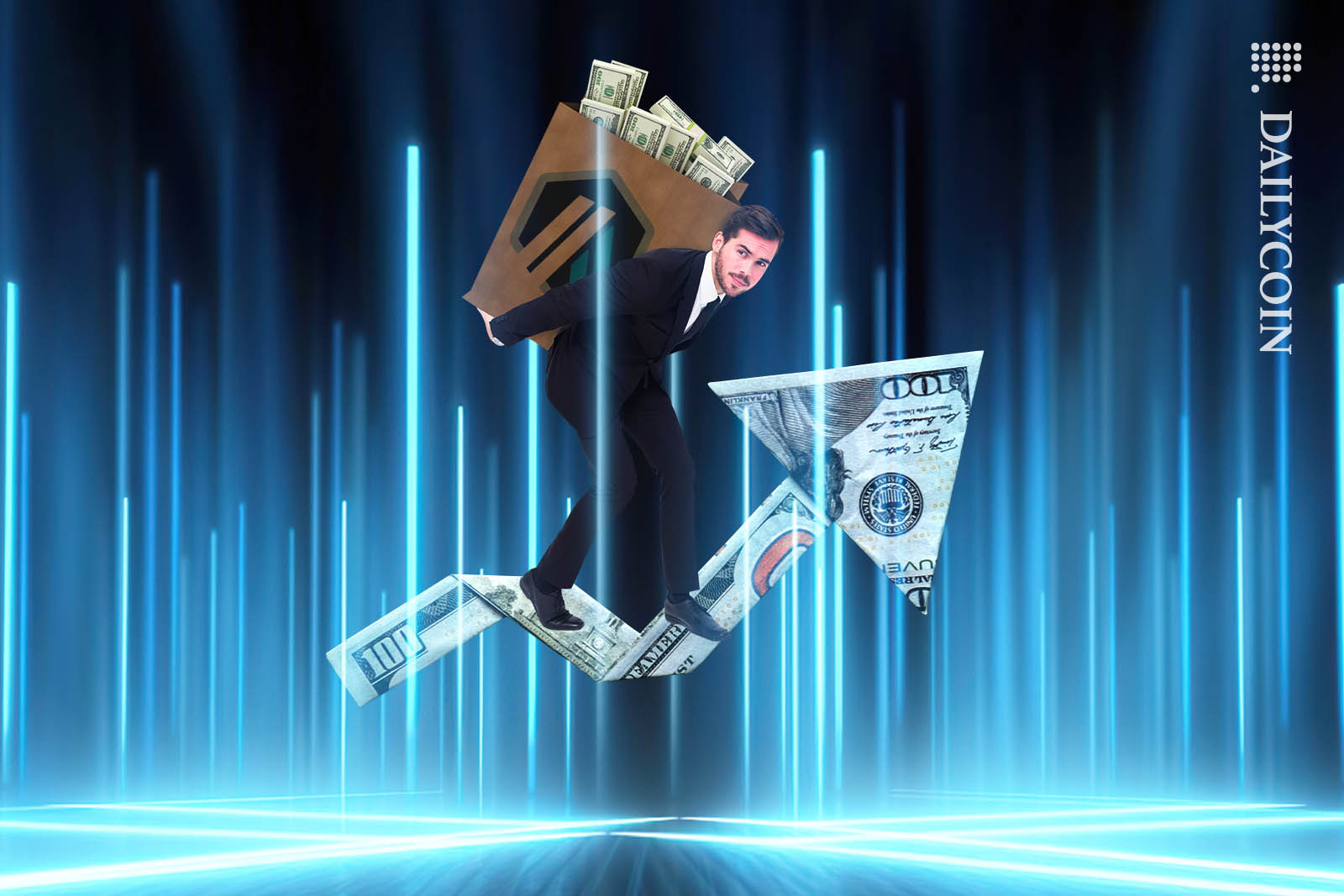 Man carrying a large bag of money on a dollar arrow in a digital lift made out of light beams.
