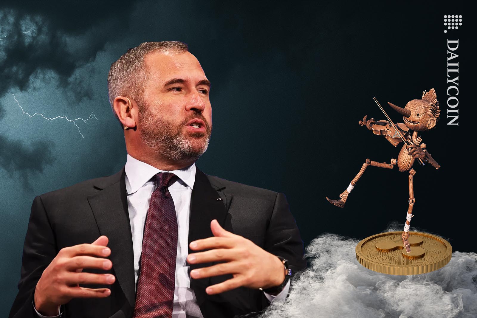 Bred Garlinghouse looking at Pinoccio playing a violin on a Ripple coin.