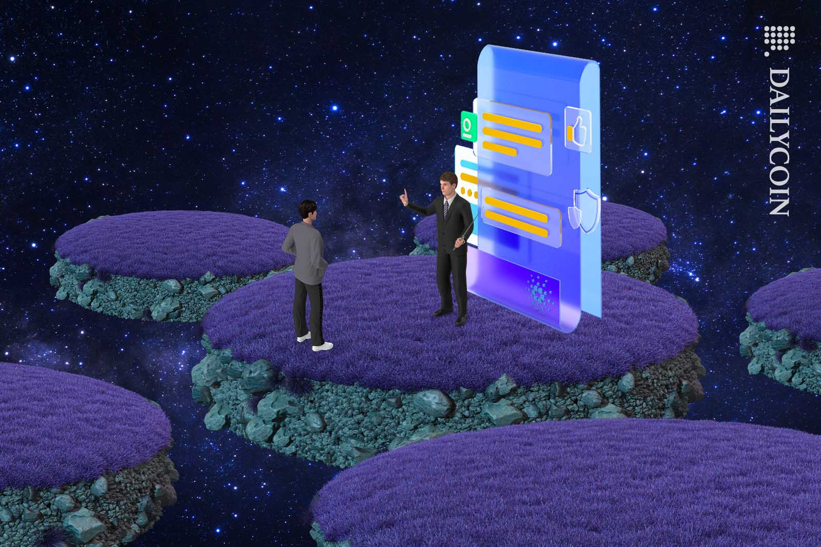 Man in suit teaching another guy about Cardano smart contracts in space.