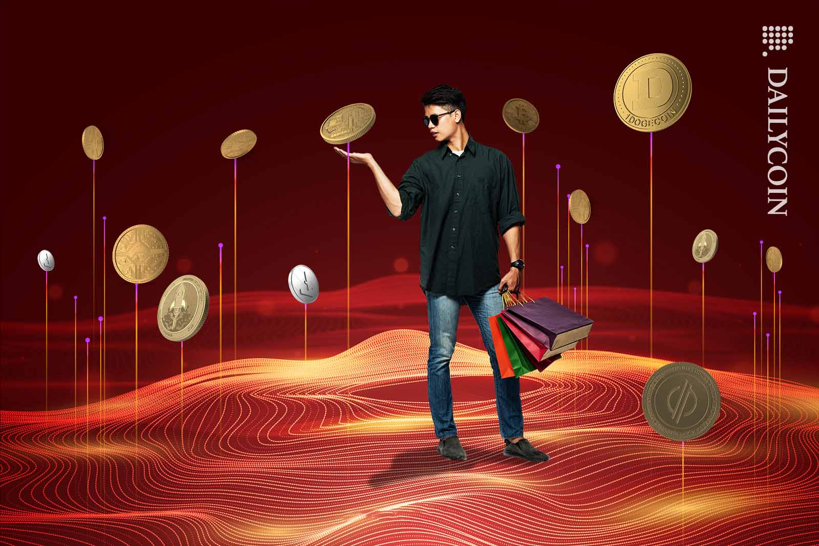 Man with shopping bags interacting with Crypto coins emerging from a digital ground.