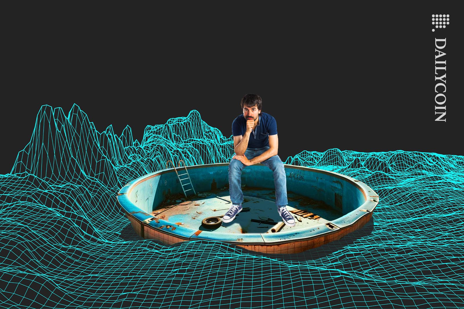 Sad man sitting on yhe rim of an abandoned empty swimming pool.