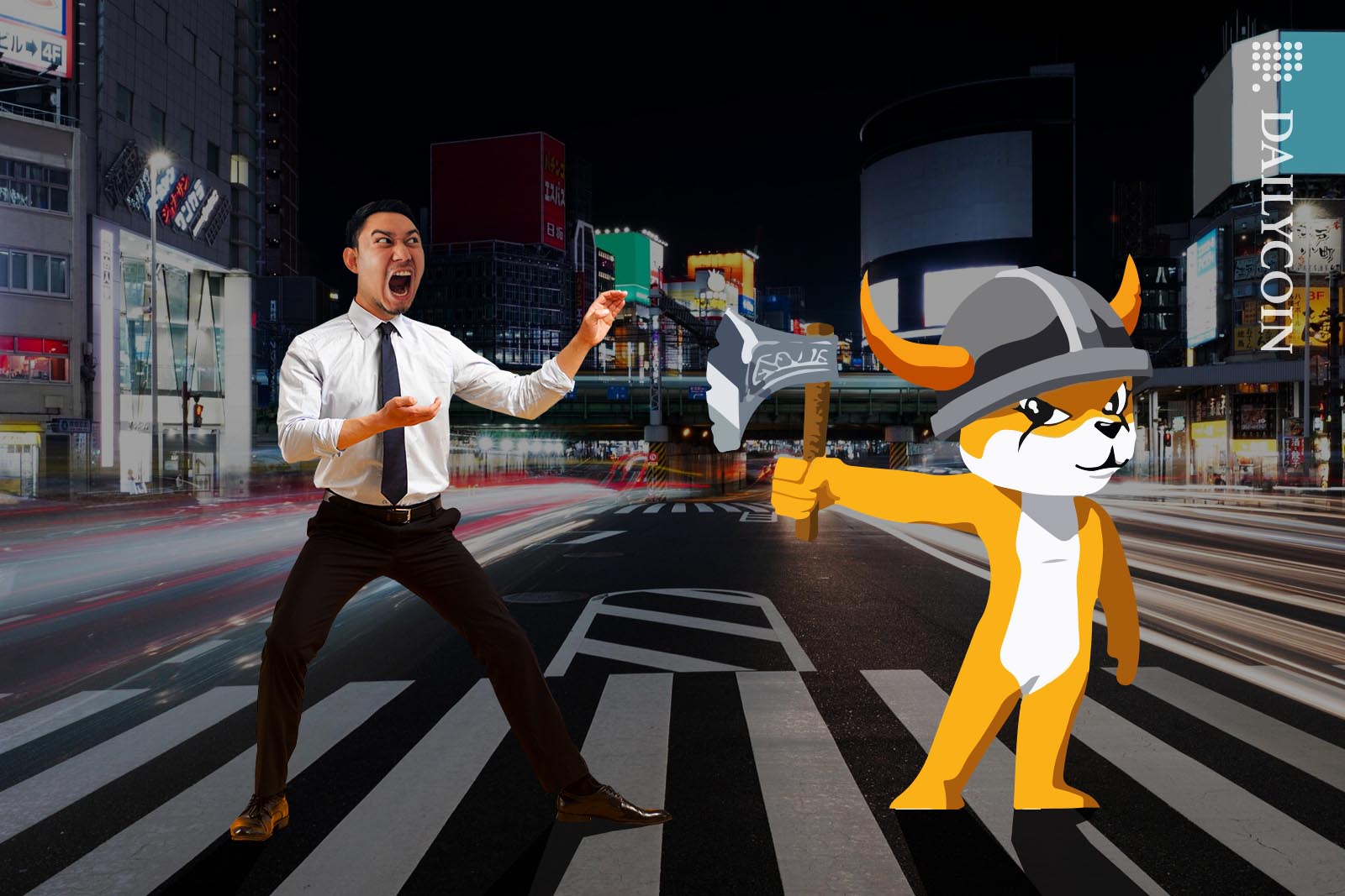 Official looking man and a Floki mascot having a standoff on a zebra crossing.