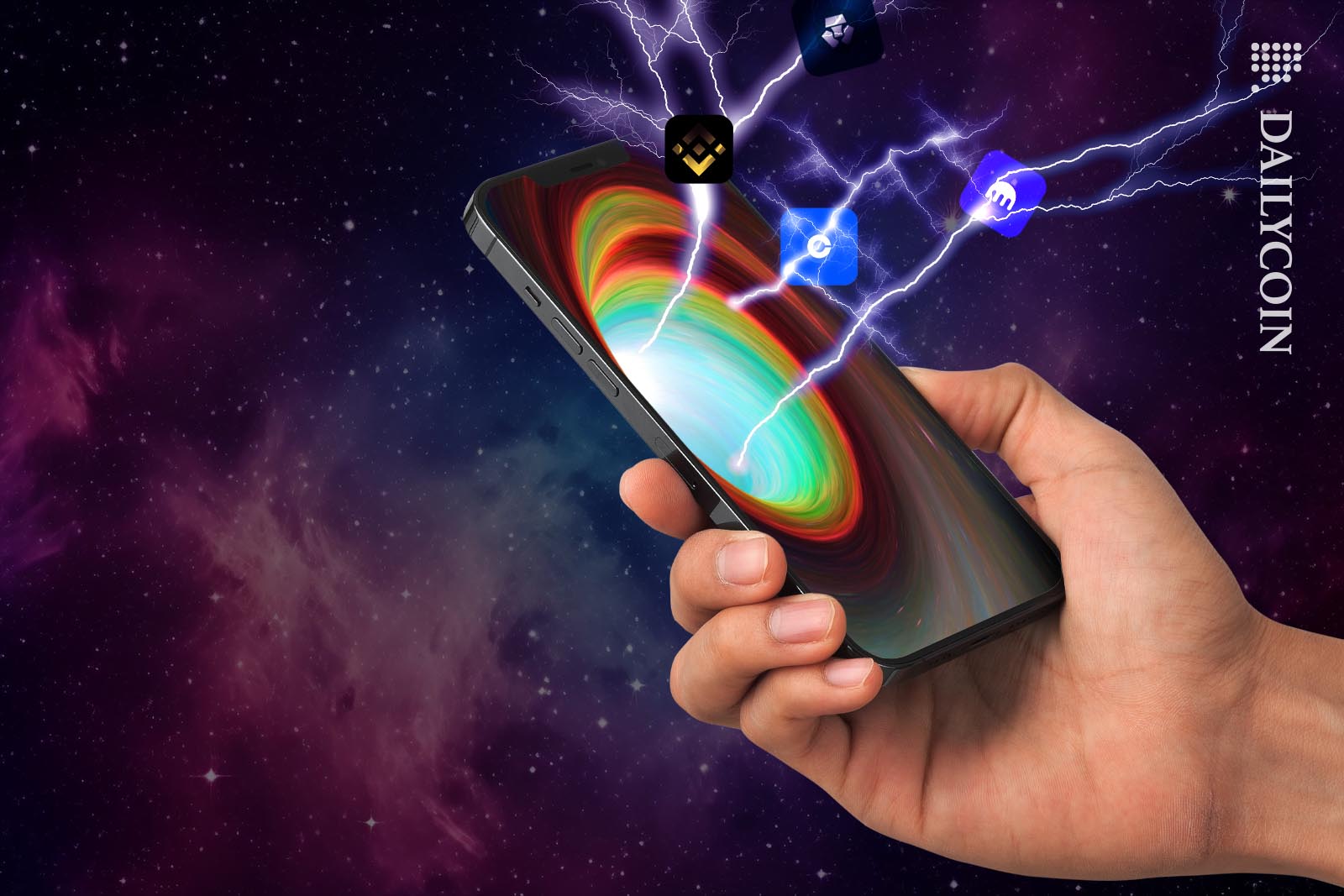 Hand holding an Iphone in space with a wormhole on the screen discharging crypto exchange apps.