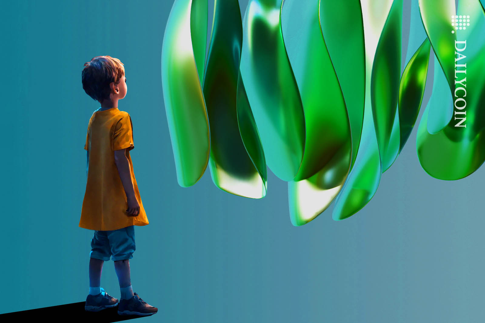 Little boy looking at an unidentified iridescent object.